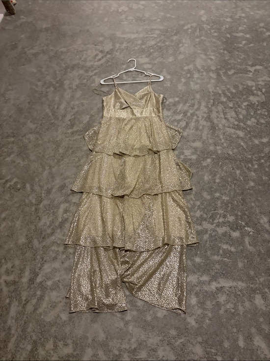 Skies Are Blue Dresses & Skirts - Skies Are Blue Gold Tiered Sparkle Formal Dress with Spaghetti Straps